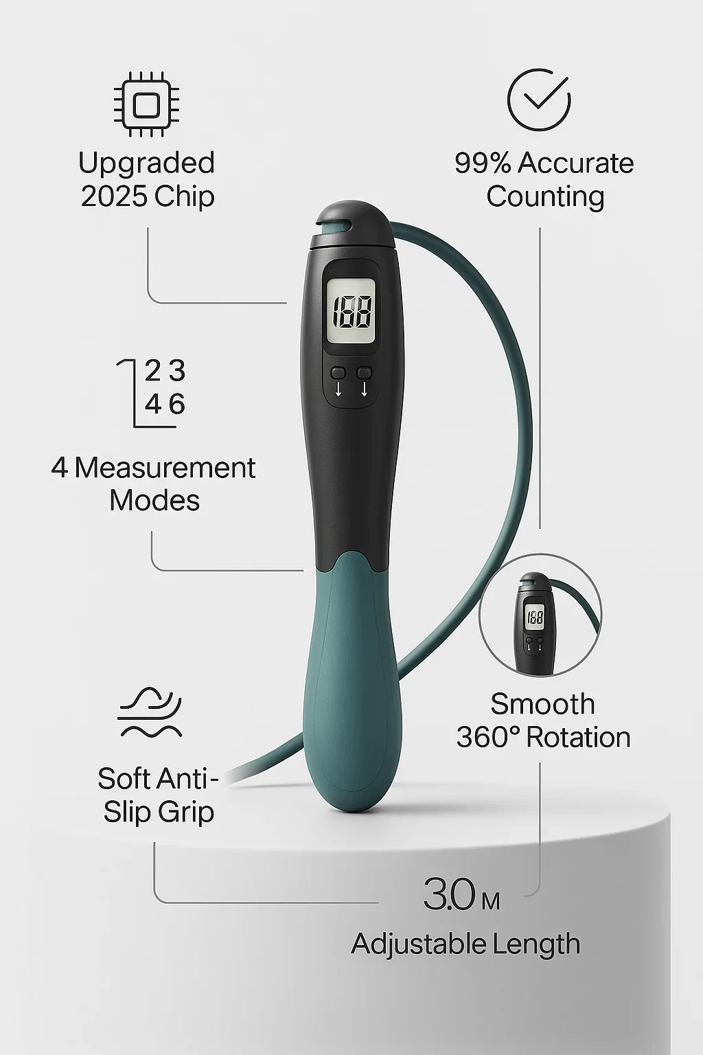 AURALIS™ Digital Counting Jump Rope – 99% Accurate, 4 Modes, 360° Rotation